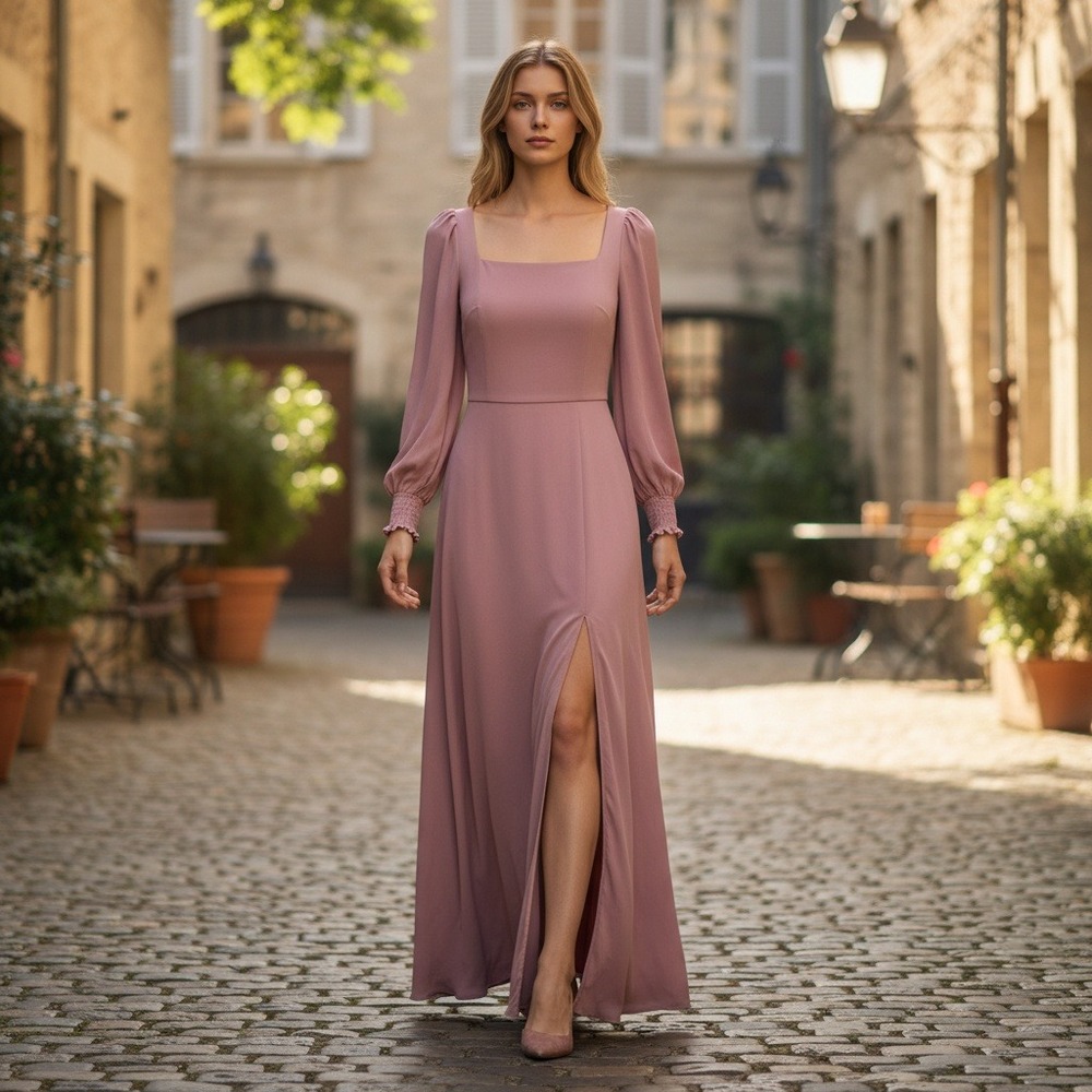 Baltic Born Dusty Rose Square Neck Smocked Back Maxi Dress Long Sleeve Sz Large